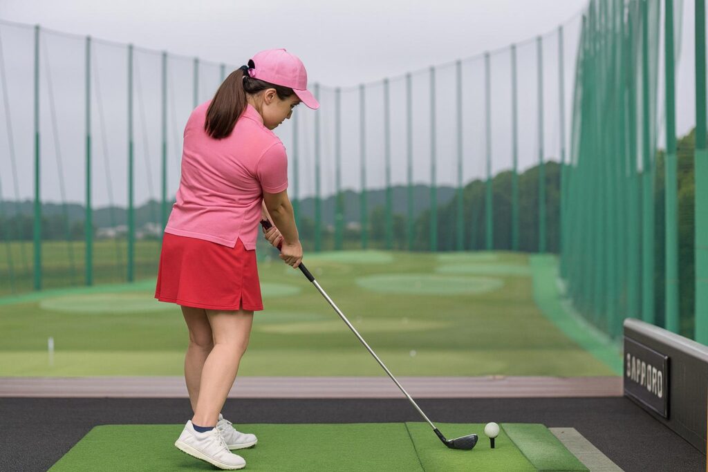 ゴルフ練習場で女性が打ちっぱなし練習をしている様子
